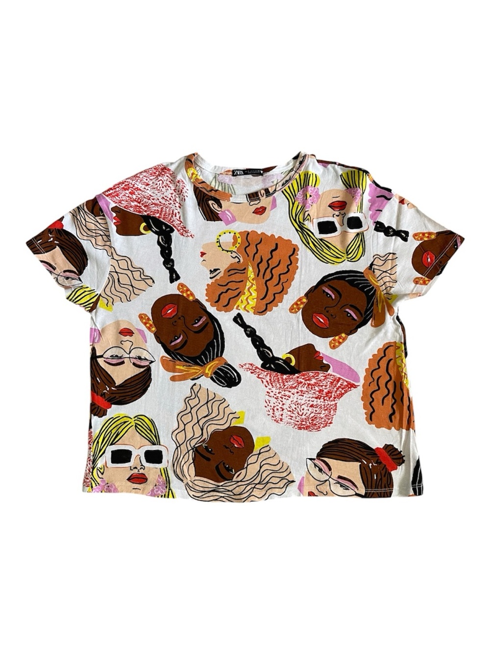 Zara Multicolor Faces Graphic Short Sleeve Tee - White